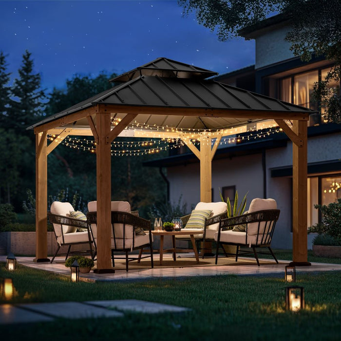 SUNJOY 11x11 Wooden Frame Backyard Hardtop Gazebo with Ceiling Hook