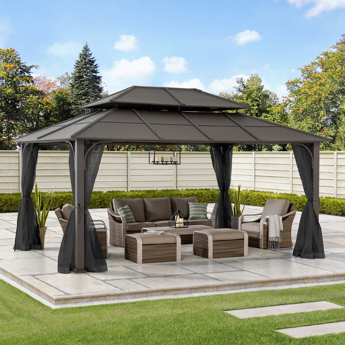 SUNJOY 12x16 Hard Top Gazebo with Steel Roof, Ceiling Hook, and Netting