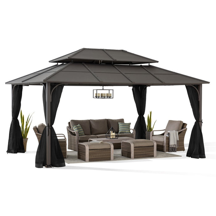 SUNJOY 12x16 Hard Top Gazebo with Steel Roof, Ceiling Hook, and Netting