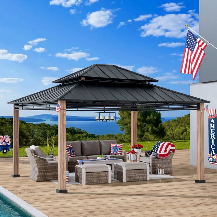 SUNJOY 13x15 Large Modern Gazebo with Metal Wood Look Posts