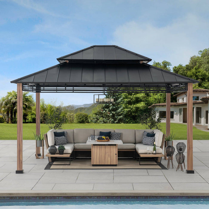 SUNJOY 13x15 Large Modern Gazebo with Metal Wood Look Posts