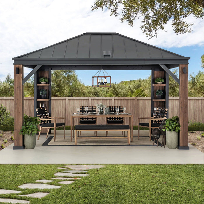 SUNJOY 12x14 Gazebo with Wood Shelves, Solar Speaker, and LED Lights