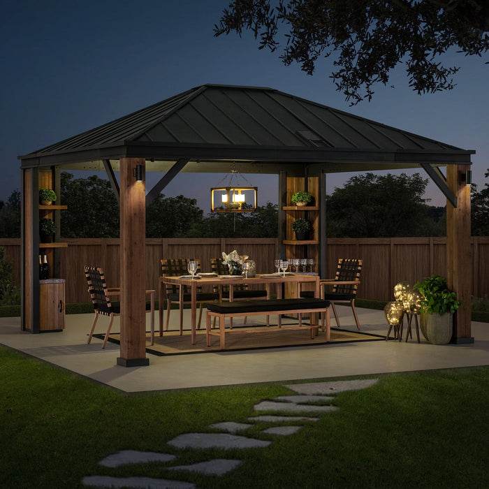 SUNJOY 12x14 Gazebo with Wood Shelves, Solar Speaker, and LED Lights