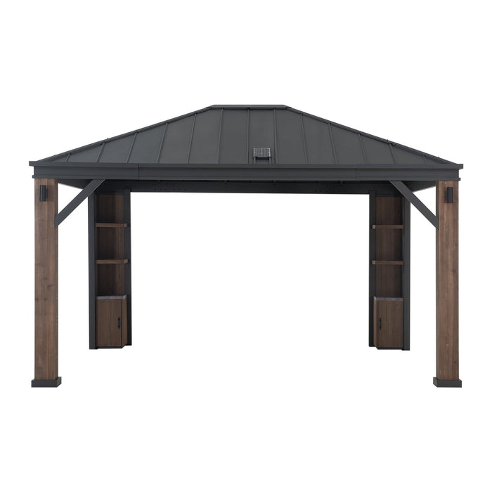 SUNJOY 12x14 Gazebo with Wood Shelves, Solar Speaker, and LED Lights