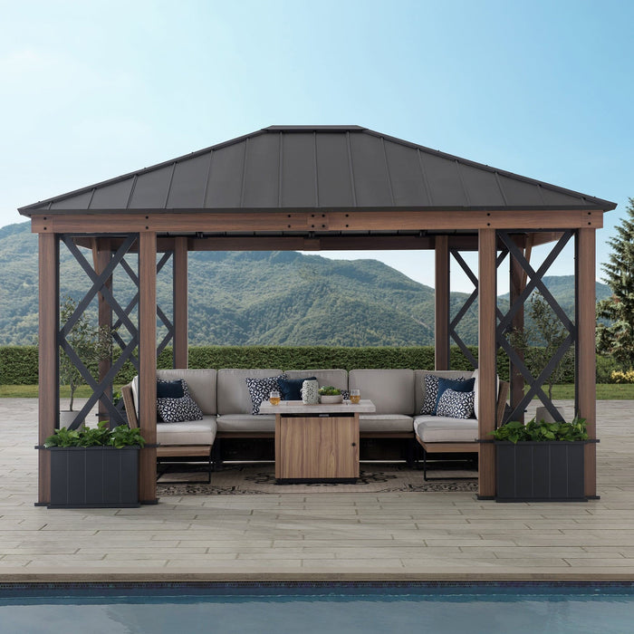 SUNJOY 13x15 Aluminum Framed Hard Top Gazebo with Planters