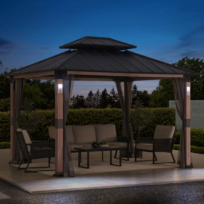 SUNJOY 10x12 Kirkfield Metal Gazebo with Netting and LED Lights