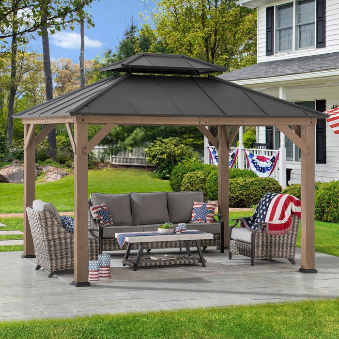 SUNJOY 10x12 Wood Gazebo with 2-tier Metal Roof and Ceiling Hook