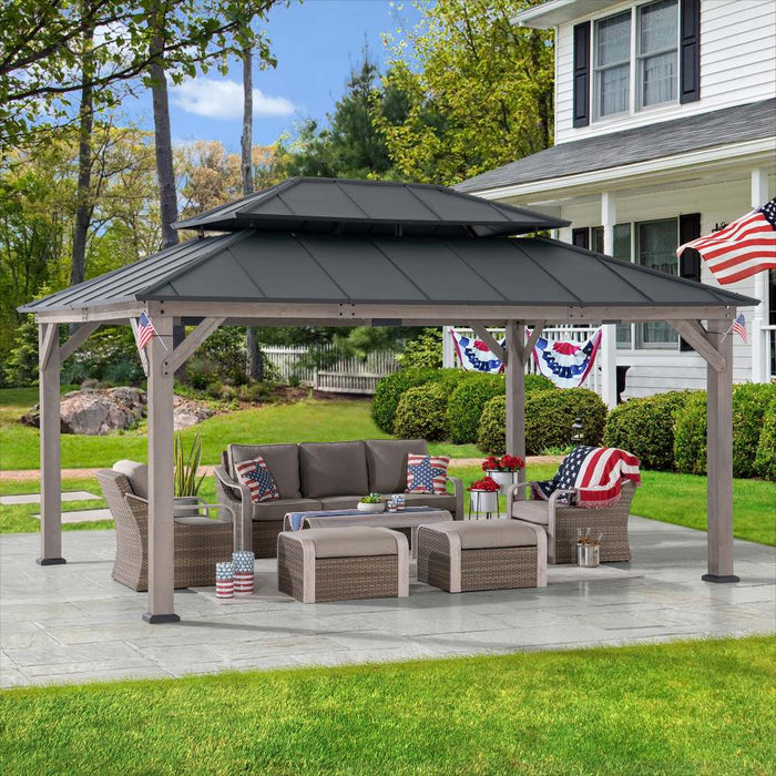 SUNJOY 12x16 Wooden Gazebo with 2-tier Metal Roof and Ceiling Hook