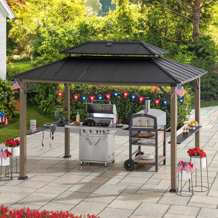 SUNJOY 8x12 Wood Grill Gazebo with Solar Power and Shelves