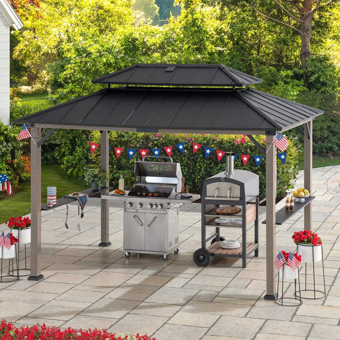 SUNJOY 8x12 Wood Grill Gazebo with Solar Power and Shelves