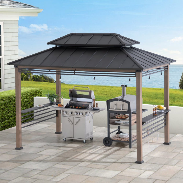 SUNJOY 8x12 Hardtop Grill Gazebo with Electrical Outlets and Shelves