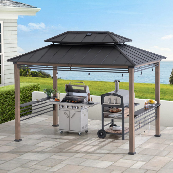 SUNJOY 8x12 Wood Grill Gazebo with Solar Power and Shelves