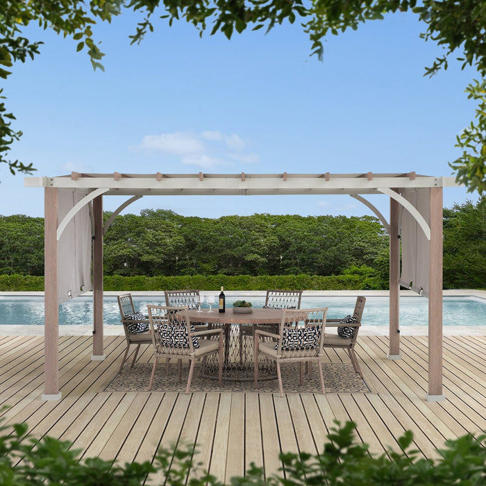 SUNJOY 12x14 Pergola with Sliding Shade Roof & Woodgrain Steel Frame