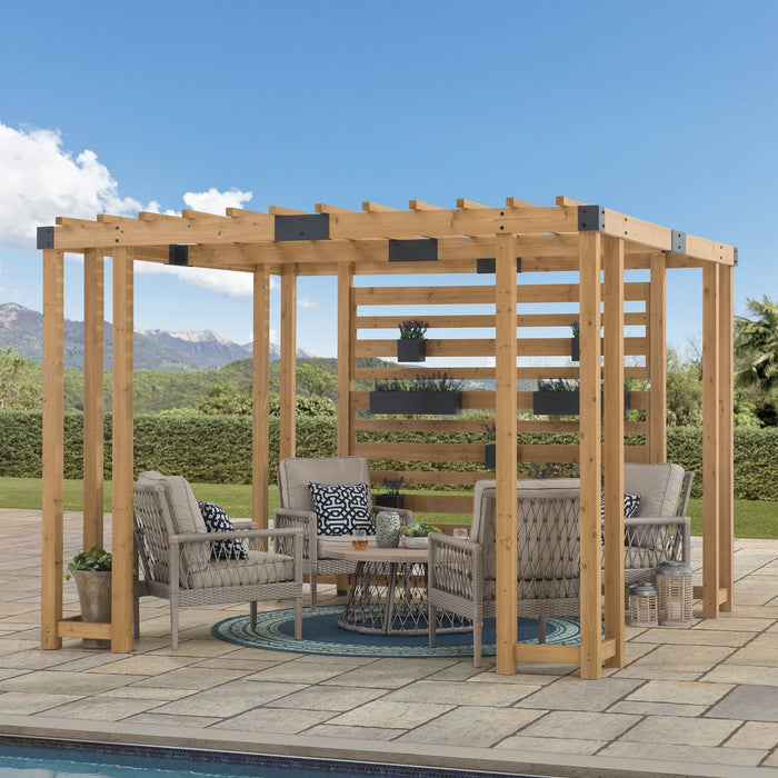 SUNJOY 10x10 Wooden Pergola with Privacy Screen & Hanging Planters