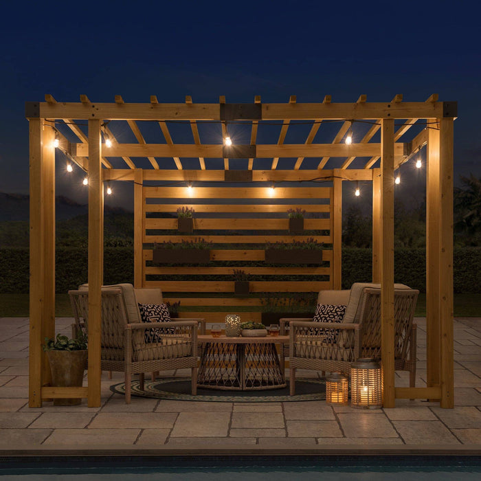 SUNJOY 10x10 Wooden Pergola with Privacy Screen & Hanging Planters