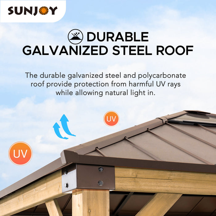 SUNJOY 11x11 Small Outdoor Wooden Gazebo with Metal Roof and Skylight