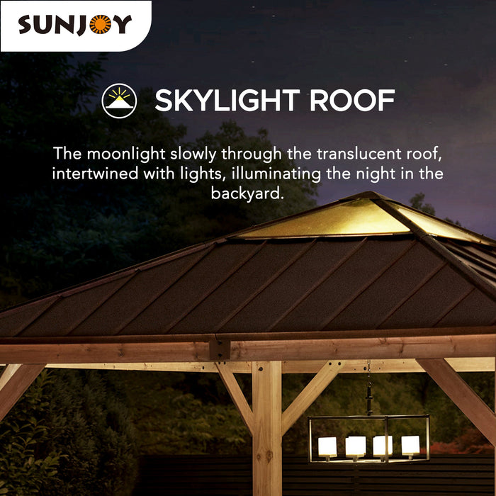 SUNJOY 11x11 Small Outdoor Wooden Gazebo with Metal Roof and Skylight