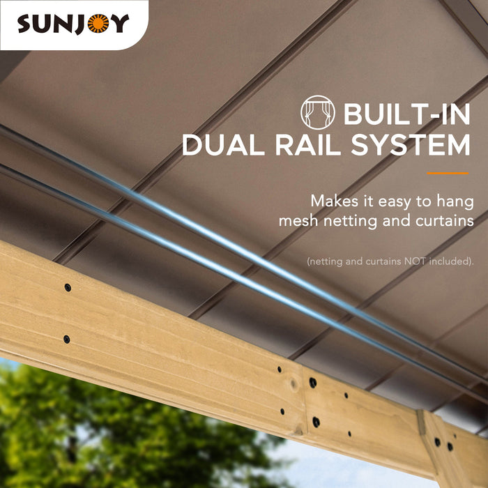 SUNJOY 11x11 Small Outdoor Wooden Gazebo with Metal Roof and Skylight