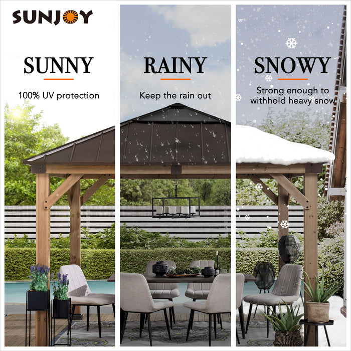 SUNJOY 11x11 Small Outdoor Wooden Gazebo with Metal Roof and Skylight